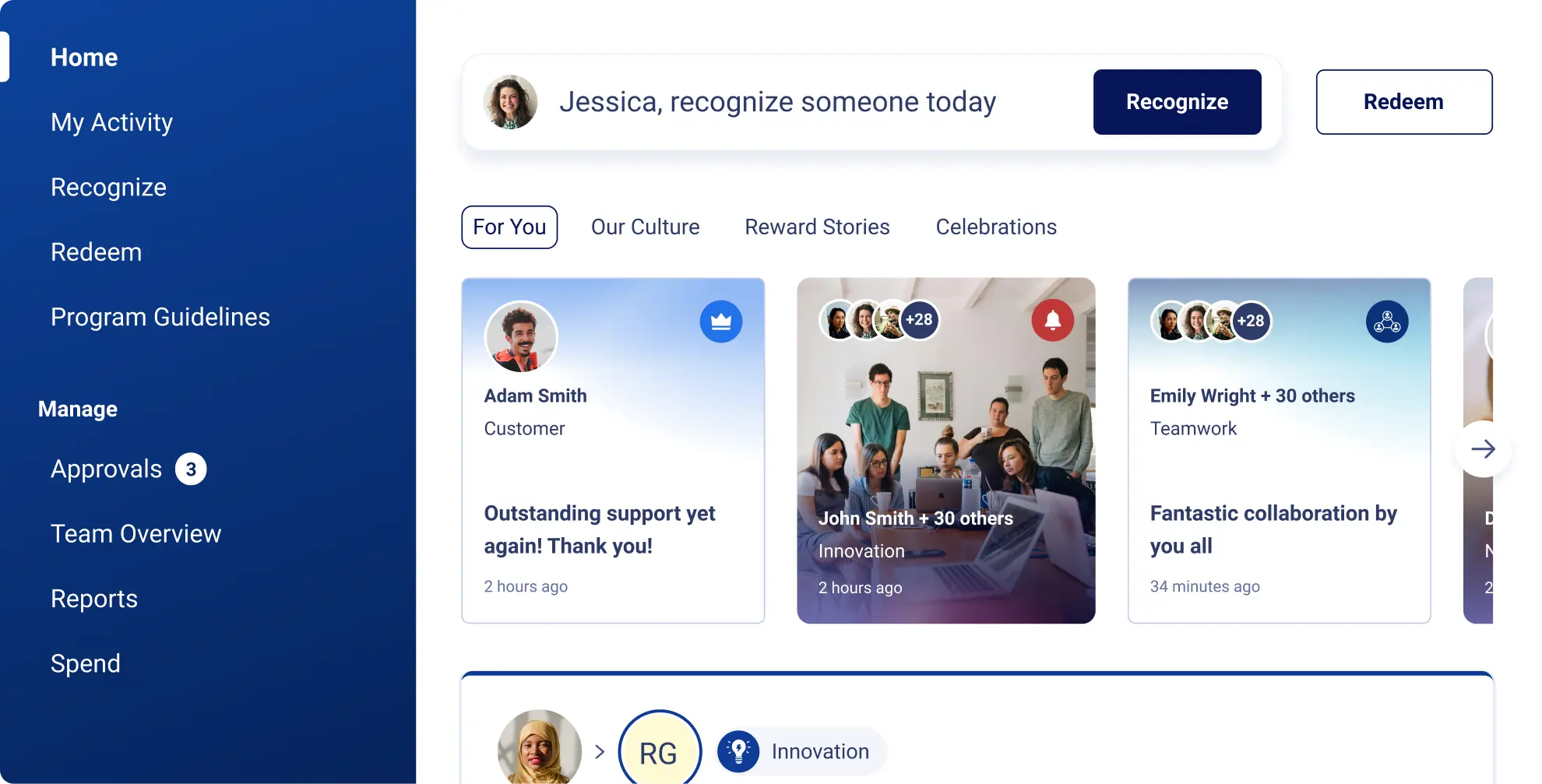 A user interface of the Workhuman platform shows a dashboard with various sections. The top section has a greeting for "Jessica" to recognize someone today. Below, there's a profile for "Adam Smith," highlighting his outstanding support, along with more recognition updates for "John Smith" and "Emily Wright," acknowledging teamwork and collaboration. The layout features buttons for various activities, including "Recognize" and "Redeem," alongside notifications about approvals.