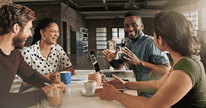 happy team members get involved in discussion