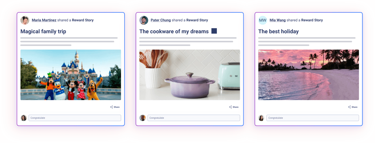 A collage of three social media posts highlighting shared Reward Stories. The first post, by Maria Martinez, features a family trip photo with characters in costumes. The second post, by Pater Chung, showcases a stylish kitchen scene with cookware. The third post, by Mia Wang, displays a beautiful beach sunset. Each post includes a prompt to congratulate the person sharing the story.
