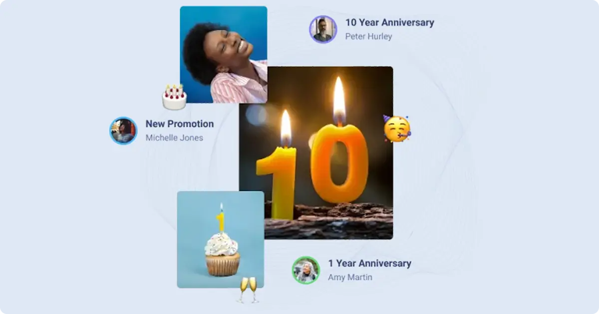 Collage celebrating career milestones including a 10-year anniversary candle