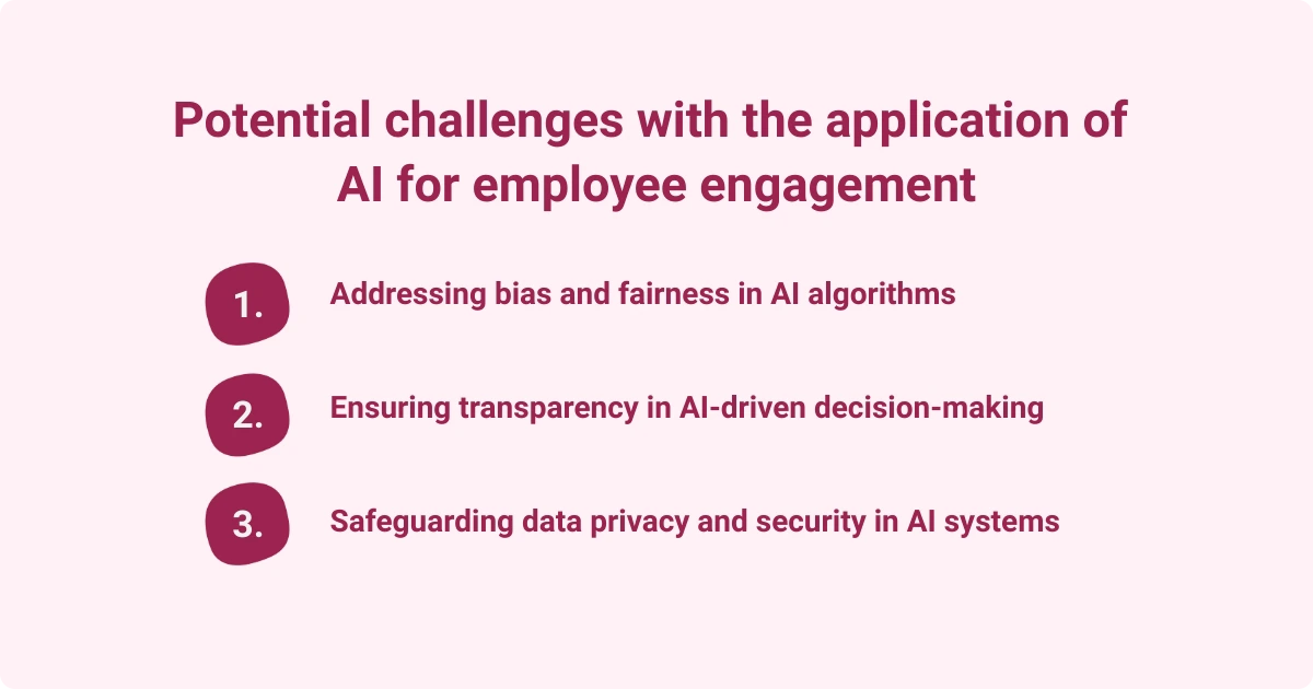 Image showing challenges of AI in employee engagement, including bias, transparency in decisions, and data privacy and security in AI systems.