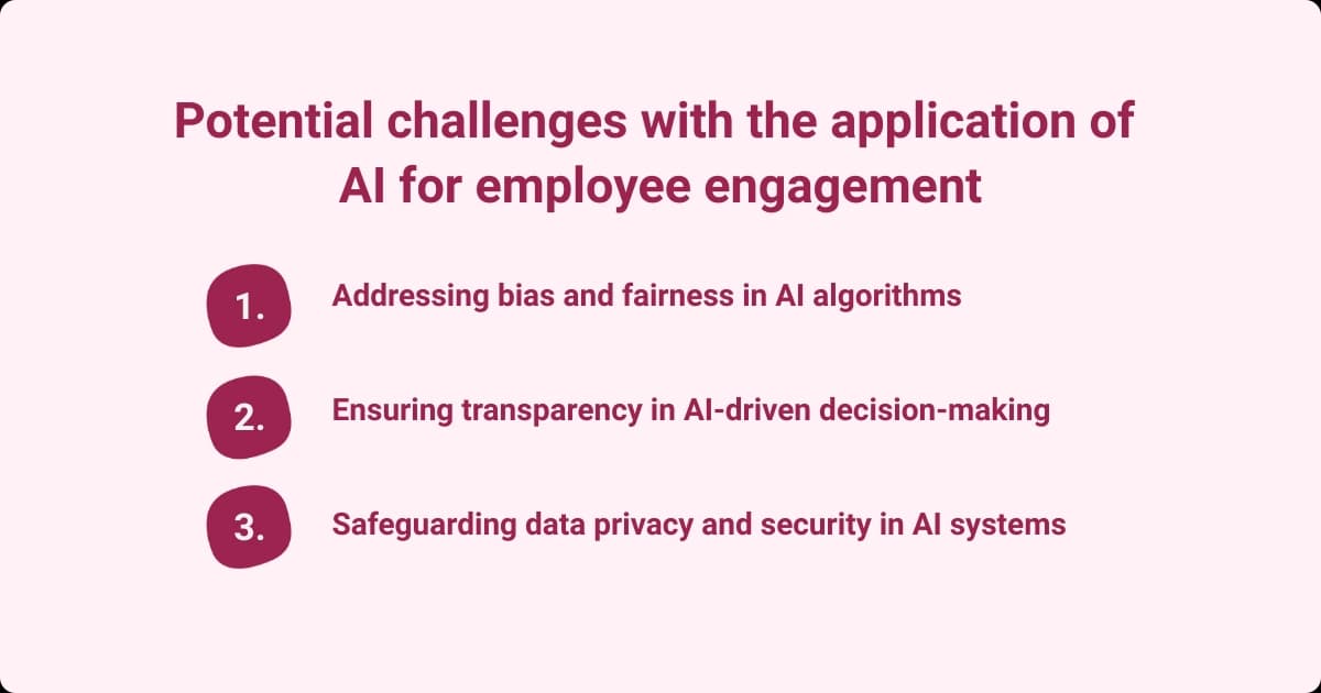 Image showing challenges of AI in employee engagement, including bias, transparency in decisions, and data privacy and security in AI systems.