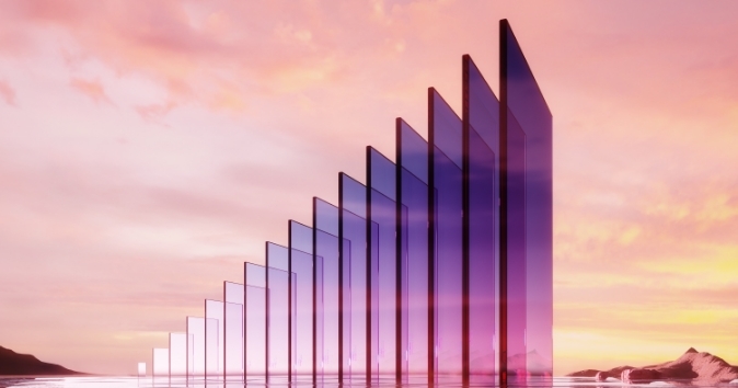 A series of transparent, purple-tinted panels are arranged in an ascending pattern, creating a dynamic visual effect. The backdrop features a serene, pastel sky at dawn or dusk, with hints of pink and orange hues, reflecting a calm, tranquil atmosphere. The panels give the illusion of depth and movement, inviting viewers to engage with the scene.