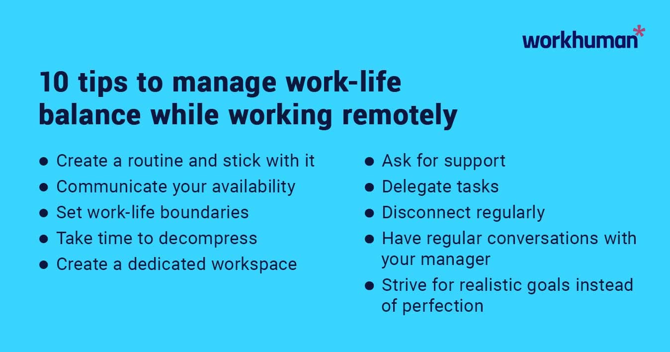 illustration about the ten tips for managing work-life balance while working remotely, including setting boundaries and creating routines.