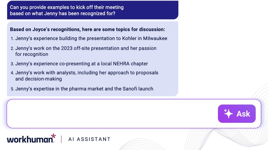 chat discussion between employee asking for meeting topic ideas and AI assistant which offers 5 suggestions