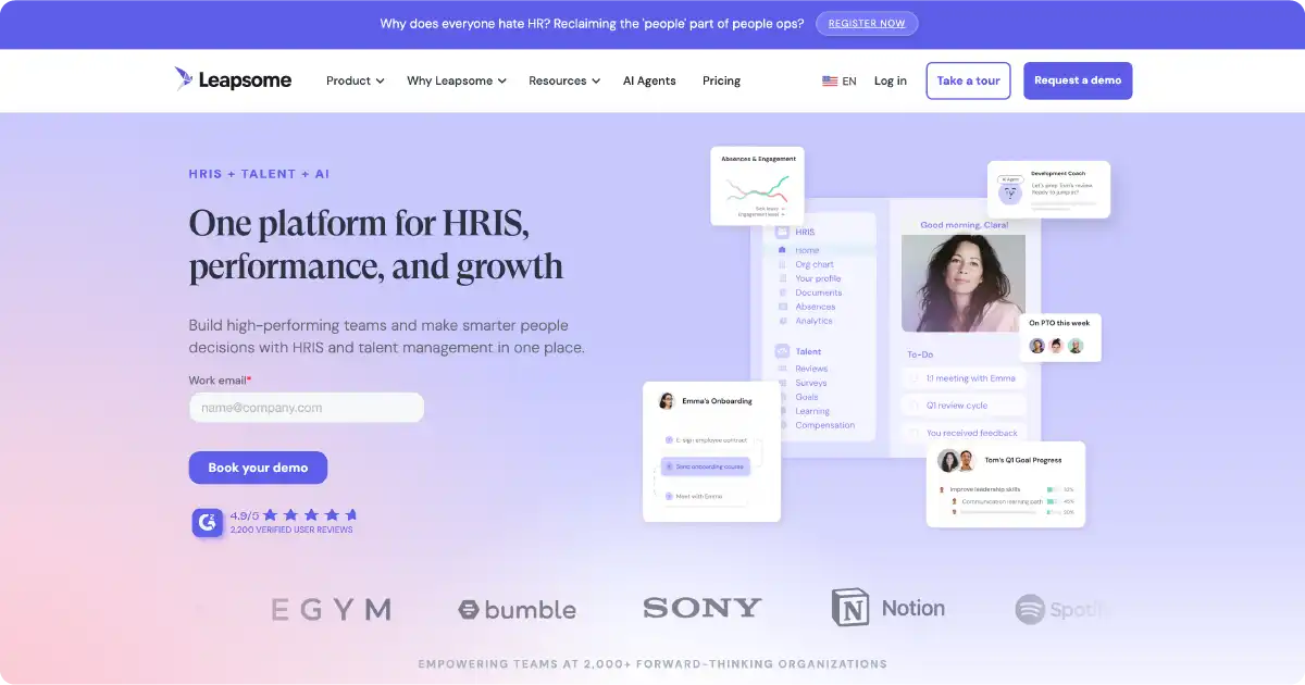 Screen capture of the Leapsome platform offering.