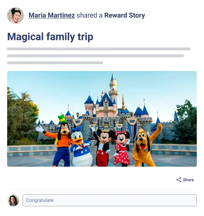 A social media post by Maria Martinez sharing her "Reward Story" about a family trip to Disneyland. The post includes a photo of the Disneyland castle in the background, with costumed characters including Mickey, Minnie, Donald Duck, Goofy, and Pluto in the foreground. The text narrates the trip covering flights, tickets, and hotel, highlighting the joy of her children at the park, describing it as a magical, unforgettable trip made possible through work.