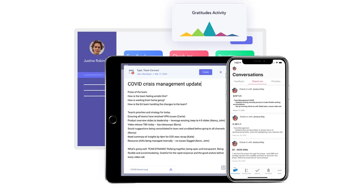 A demo of Workhuman Conversations platform displayed on a tablet and smartphone.