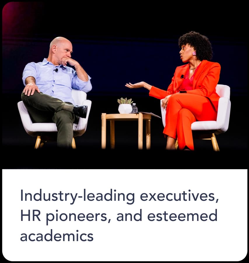 People talking with text: Industry-leading executives, HR pioneers, and esteemed academics