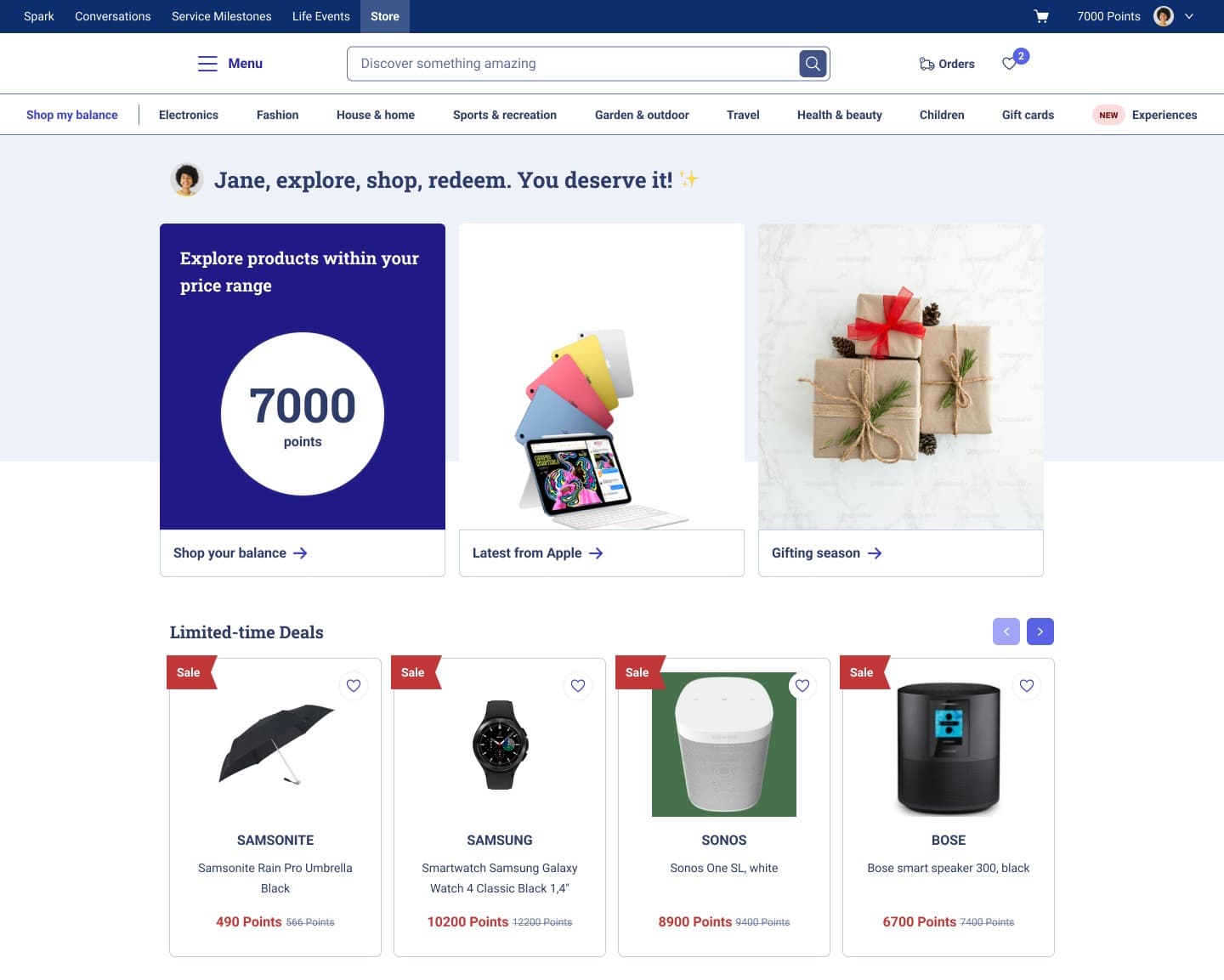 Homepage for Workhuman's Reward Store displaying personalized employee reward points, on sale items and ways to shop like by brand.