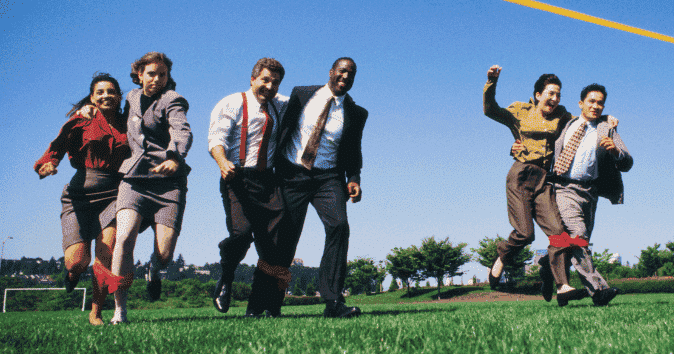 3 teams in three-legged race