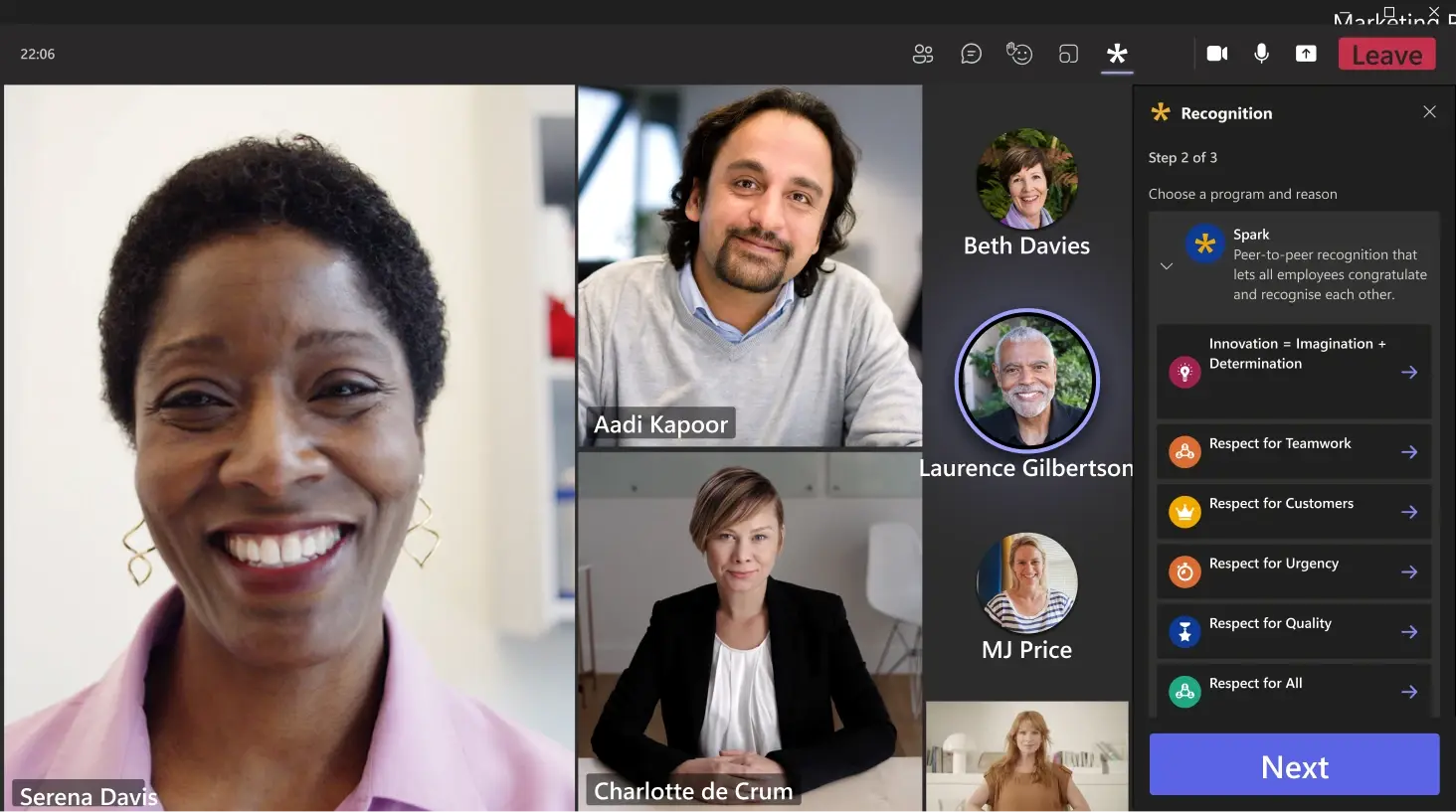 Thank you message for someone who provided recognition in a Teams meeting using the Workhuman Teams integration