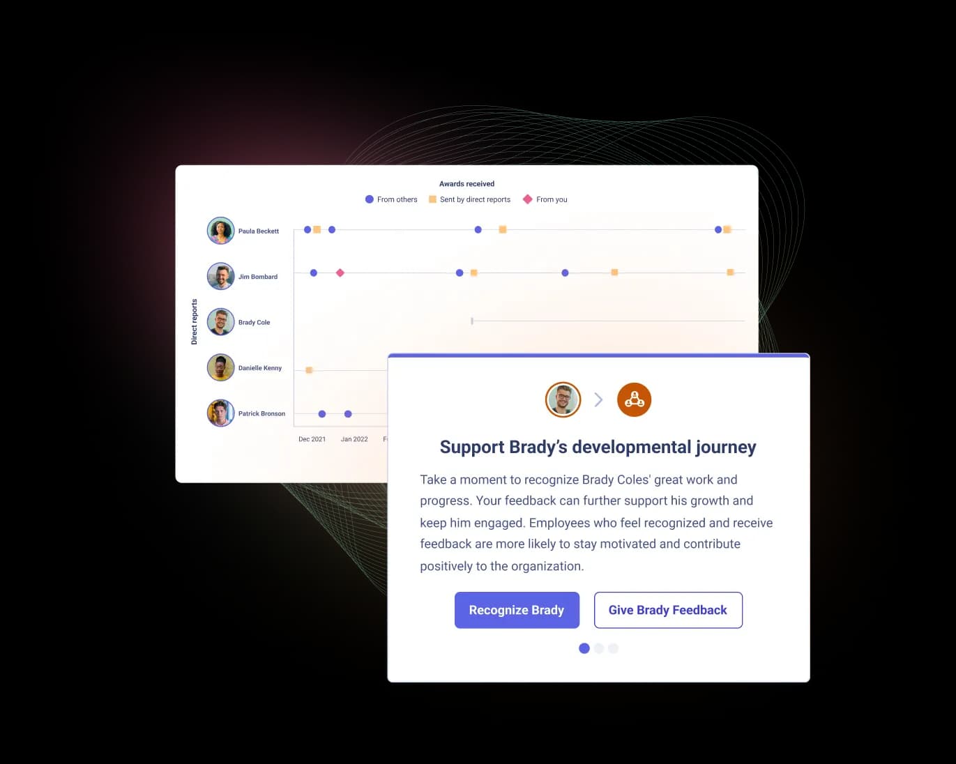 A graphic displaying an awards recognition tool for an employee named Brady Cole. The image features a chart showing awards received by direct reports over time, highlighting contributions from colleagues Paula Beckett, Jim Bombard, Danielle Kenny, and Patrick Bronson. A section encourages users to support Brady's development, emphasizing the importance of recognition and feedback. The interface includes buttons labeled "Recognize Brady" and "Give Brady Feedback," promoting engagement and support for employee growth.