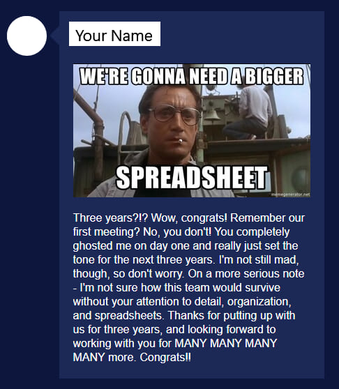 three year anniversary message from coworker