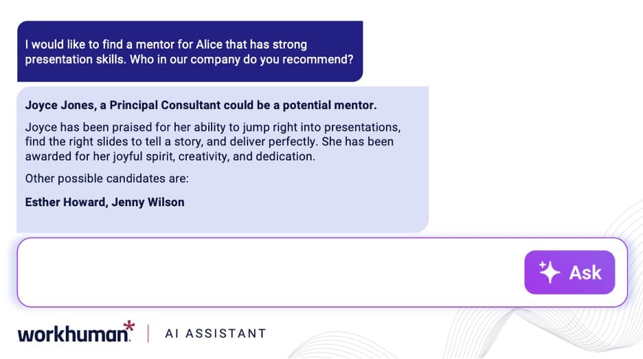 a chat discussion between user asking for a mentor with presentation skills and Workhuman AI Assistant recommending an employee
