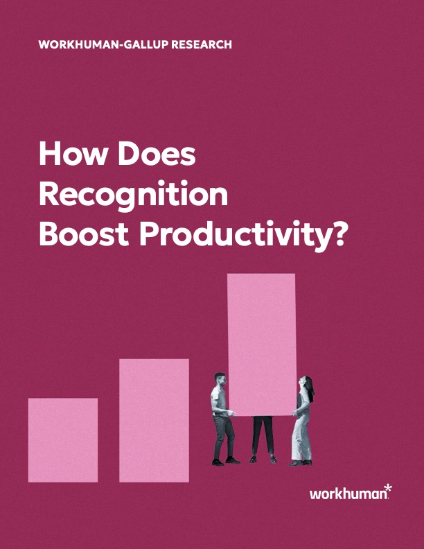 A graphic titled "WORKHUMAN-GALLUP RESEARCH" featuring the question "How Does Recognition Boost Productivity?" against a pink background. Below the text, three individuals are depicted next to bar chart elements, visually representing varying levels of productivity. The Workhuman logo is displayed in the bottom right corner.