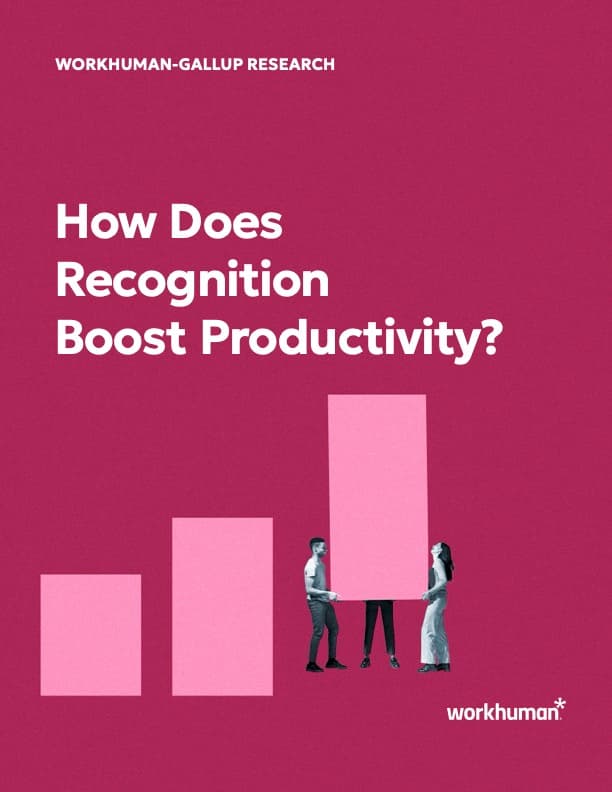 A graphic titled "WORKHUMAN-GALLUP RESEARCH" featuring the question "How Does Recognition Boost Productivity?" against a pink background. Below the text, three individuals are depicted next to bar chart elements, visually representing varying levels of productivity. The Workhuman logo is displayed in the bottom right corner.