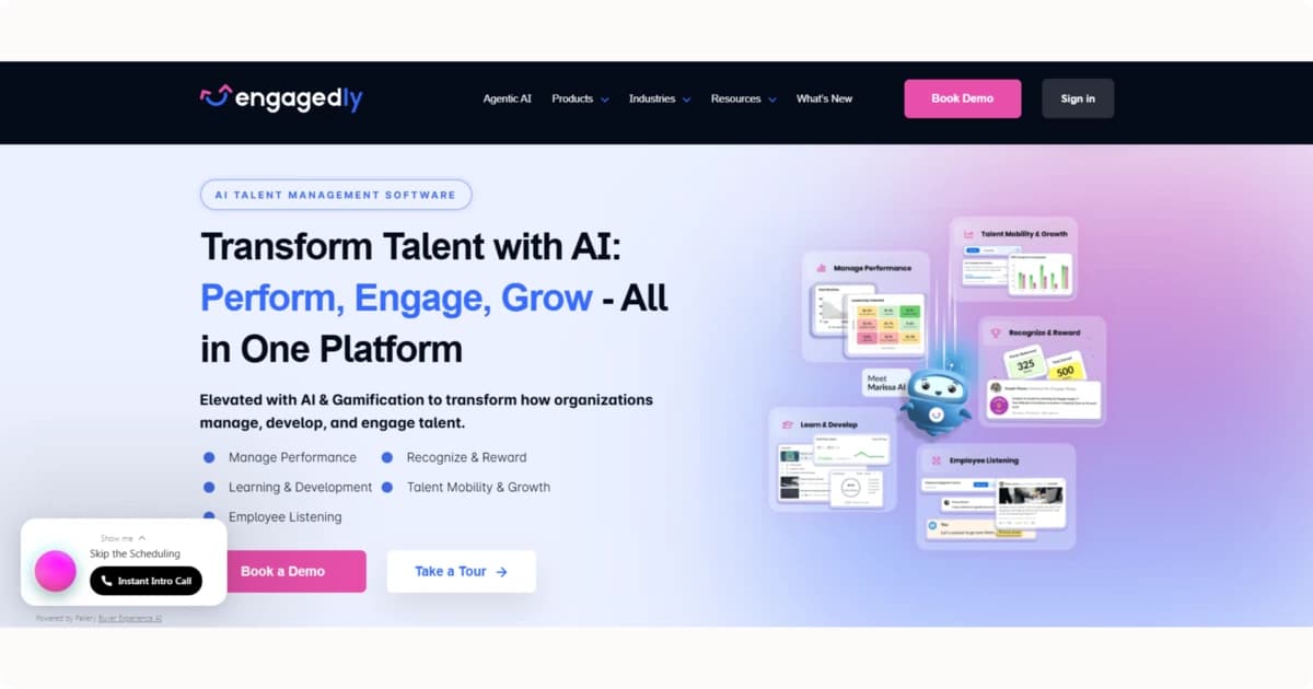 Engagedly homepage showcasing AI-driven performance management and employee engagement tools.