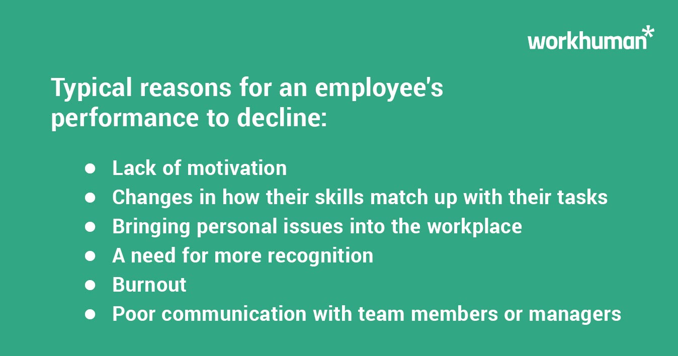 typical reasons for an employee's performance to decline, including lack of motivation and poor communication.