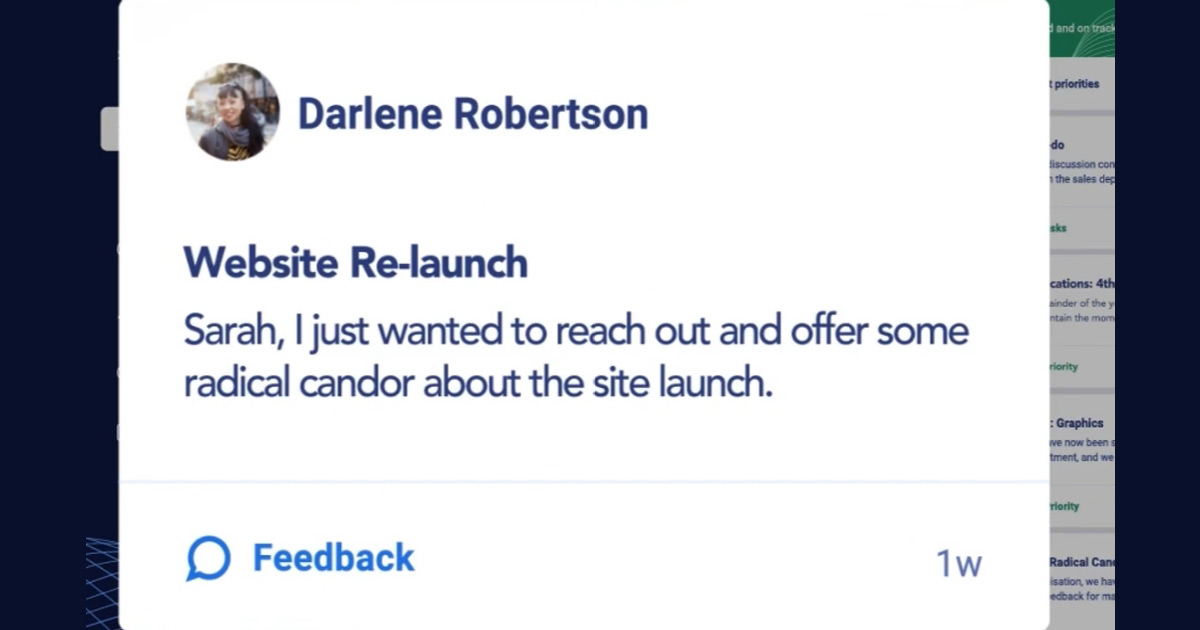 Screenshot of a feedback message from Darlene Robertson about a website re-launch