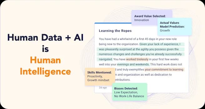 an example recognition message with highlighted skills and value analysis from language next to the text "Human Data + AI is Human Intelligence"