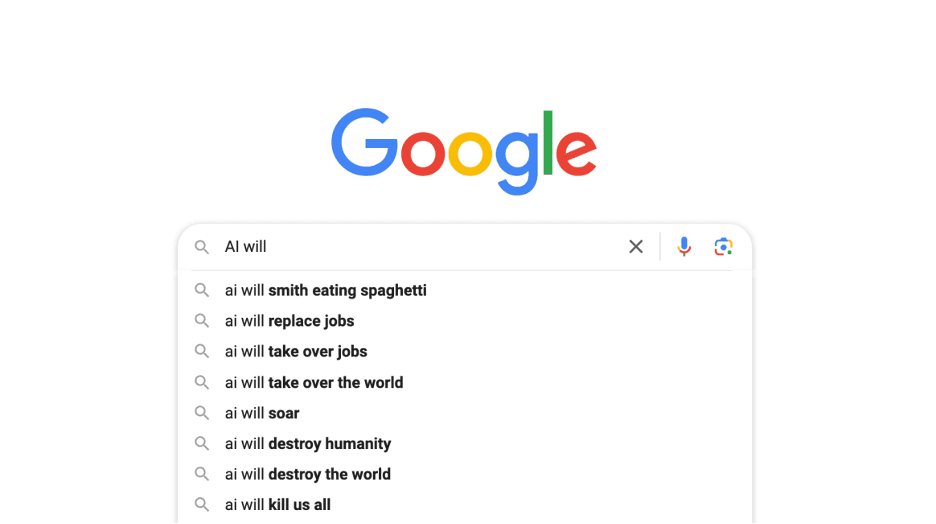 screenshot of Google auto complete suggestions for "AI will"