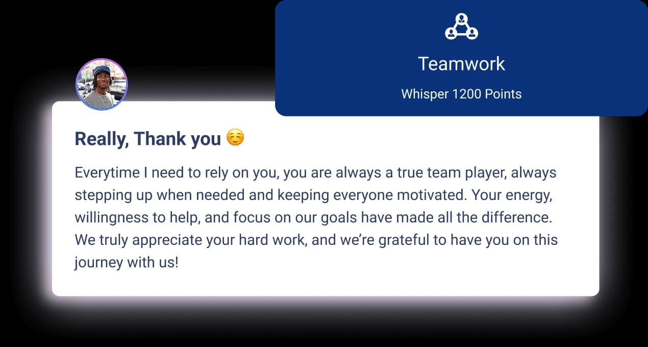 A recognition message displayed on the Workhuman platform attributes 1200 points to a colleague for their teamwork. A circular profile picture is visible at the top left. The message expresses gratitude, stating, "Really, Thank you," and highlights the colleague's reliability, motivation, and helpfulness in supporting team goals. The message concludes with appreciation for their hard work and acknowledges the collaborative journey.