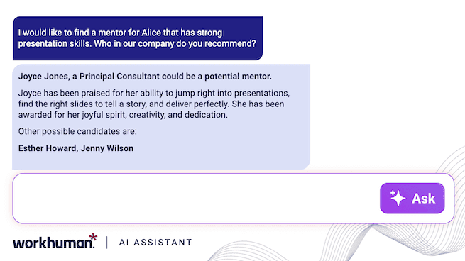 chat messages between a user asking for mentor recommendations and Workhuman's AI Assistant providing a recommendation with explanation