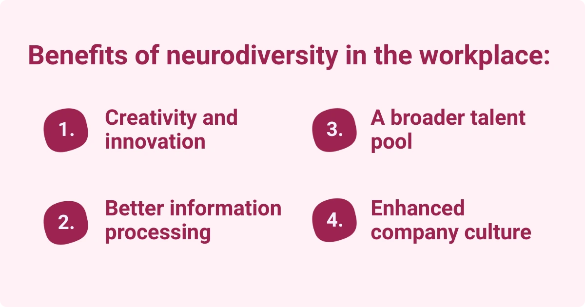 Infographic listing four benefits of neurodiversity in the workplace.
