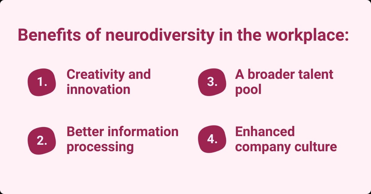 Infographic listing four benefits of neurodiversity in the workplace.