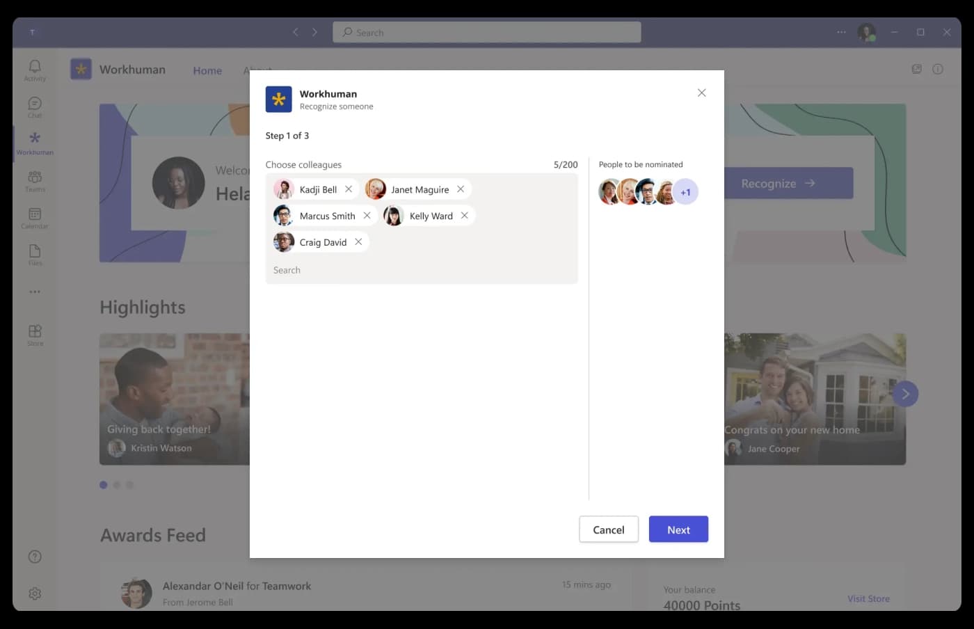 Product screenshot showing step 1 of the recognition process in Microsoft Teams: choosing which coworkers to recognize