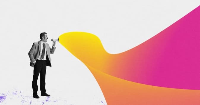 A man in a suit stands holding a megaphone, from which a vibrant yellow to pink gradient of sound waves emanates. The background is mostly white, enhancing the contrast of the man and the colorful sound waves.