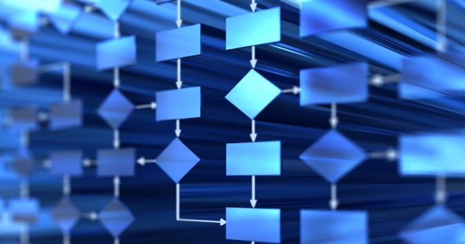A visual representation of a flowchart with various blue rectangular and diamond shapes connected by arrows. The background features a gradient of blue tones, creating a sense of depth and movement.