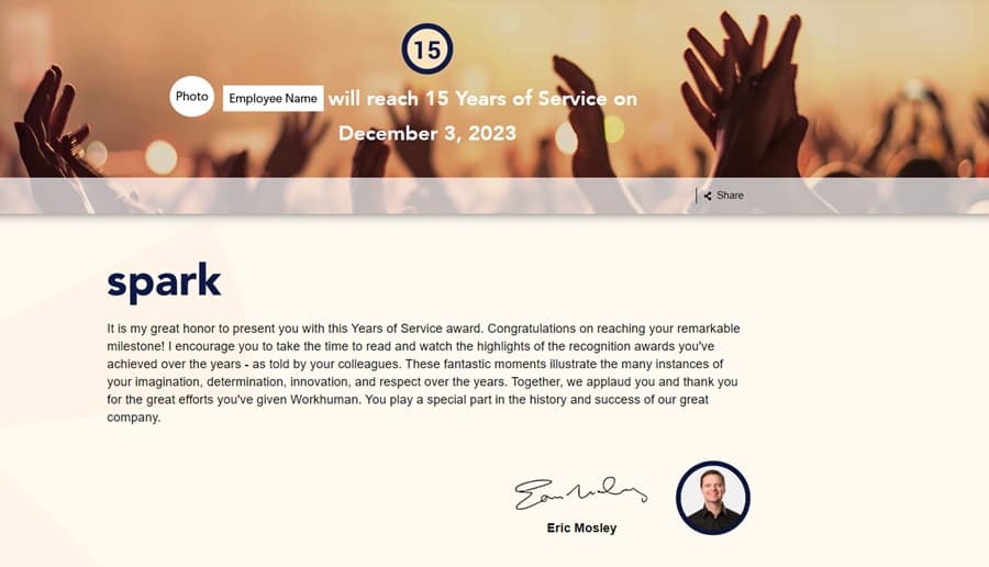 15-year work anniversary message from Eric Mosely