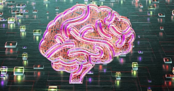 An abstract representation of a brain, depicted with intricate patterns and vibrant colors, is centrally positioned against a dark, grid-like background. Surrounding the brain are luminous, cube-shaped elements in various colors, creating a sense of depth and complexity. The artwork conveys a fusion of cognitive and technological themes.