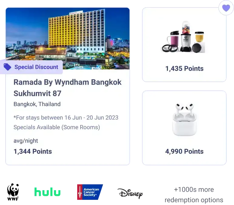A promotional display featuring the Ramada By Wyndham Bangkok Sukhumvit 87 hotel from Workhuman's rewards store, with its illuminated building visible at night. The offer includes a special discount of 1,435 points for hotel stays between June 16 and June 20, 2023, with some rooms available. The average nightly rate is listed as 1,344 points. Additional items shown include a collection of kitchen appliances available for 1,435 points and AirPods for 4,990 points. Logos for Hulu and the American Cancer Society are also present at the bottom of the display.