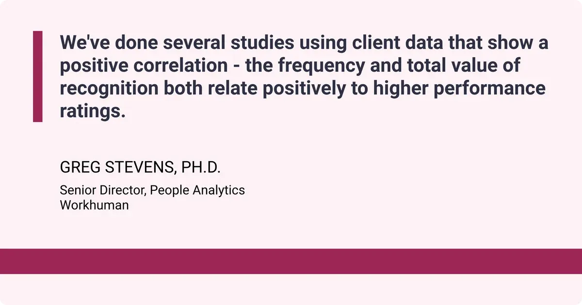 Quote by Greg Stevens, Ph.D., on the positive correlation between recognition frequency and higher performance ratings