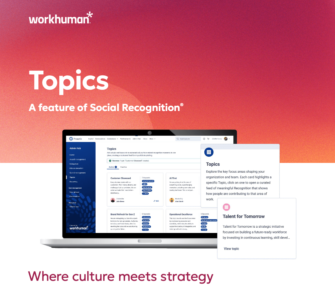 A laptop displaying the Workhuman platform's "Topics" feature, promoting the alignment of recognition messages into curated feeds that allow for easy exploration of contributions shaping your organization. The screen shows options for "Customer Obsessed," "AI First," and "Talent for Tomorrow" as examples. The background features a gradient blend of colors, with bright text stating, "Where culture meets strategy."