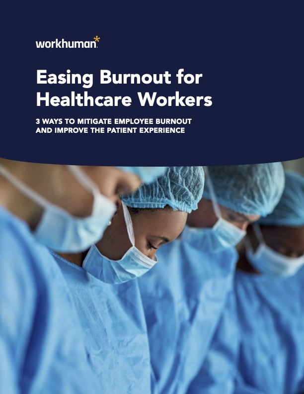 healthcare workers in a row with text overlay reading "Easing Burnout for Healthcare Workers: 3 Ways to Mitigate Employee Burnout and Improve the Patient Experience"