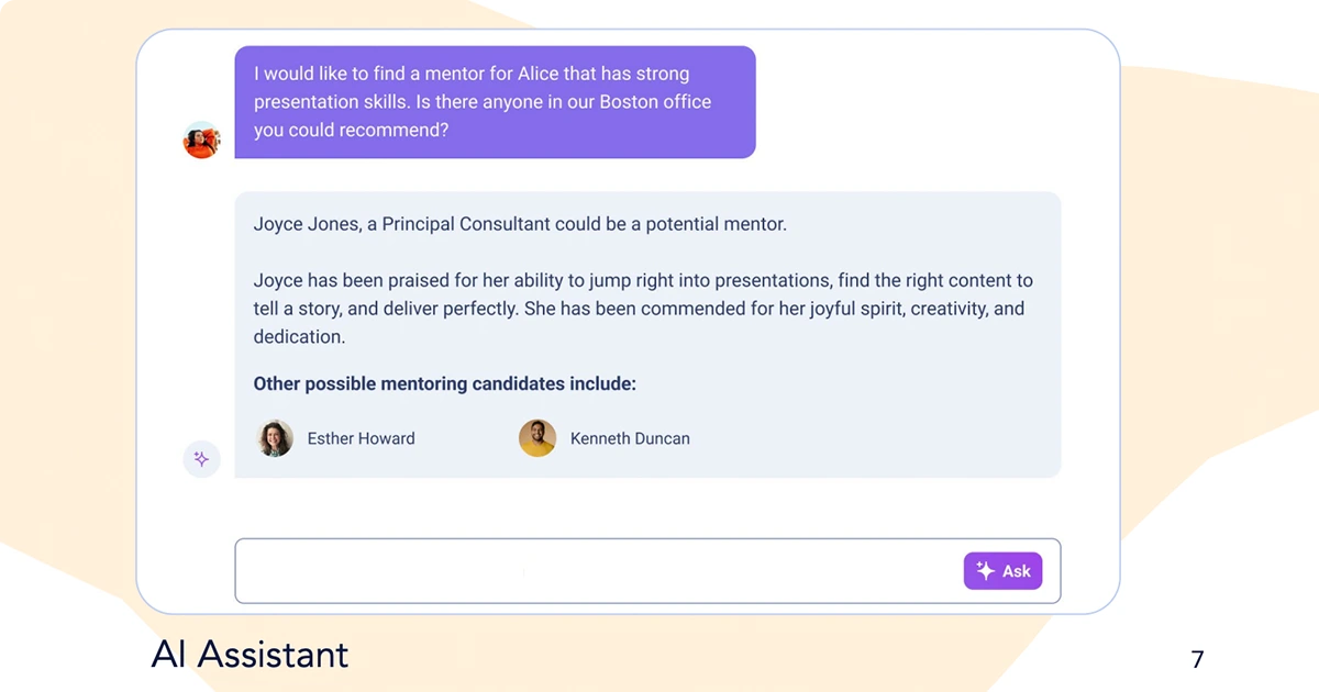 Workhuman AI Assistant suggests mentors based on strong presentation skills in a conversational interface.