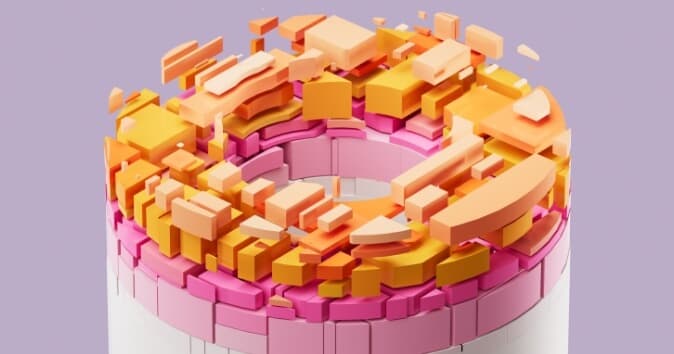A colorful 3D illustration depicting a cylindrical structure composed of various abstract geometric shapes in shades of pink, orange, and yellow, with a predominantly white base. The shapes are arranged in a layered manner, creating a dynamic visual effect that mirrors the concept of workforce optimization. The background is a soft lavender color, enhancing the vibrancy of the shapes.