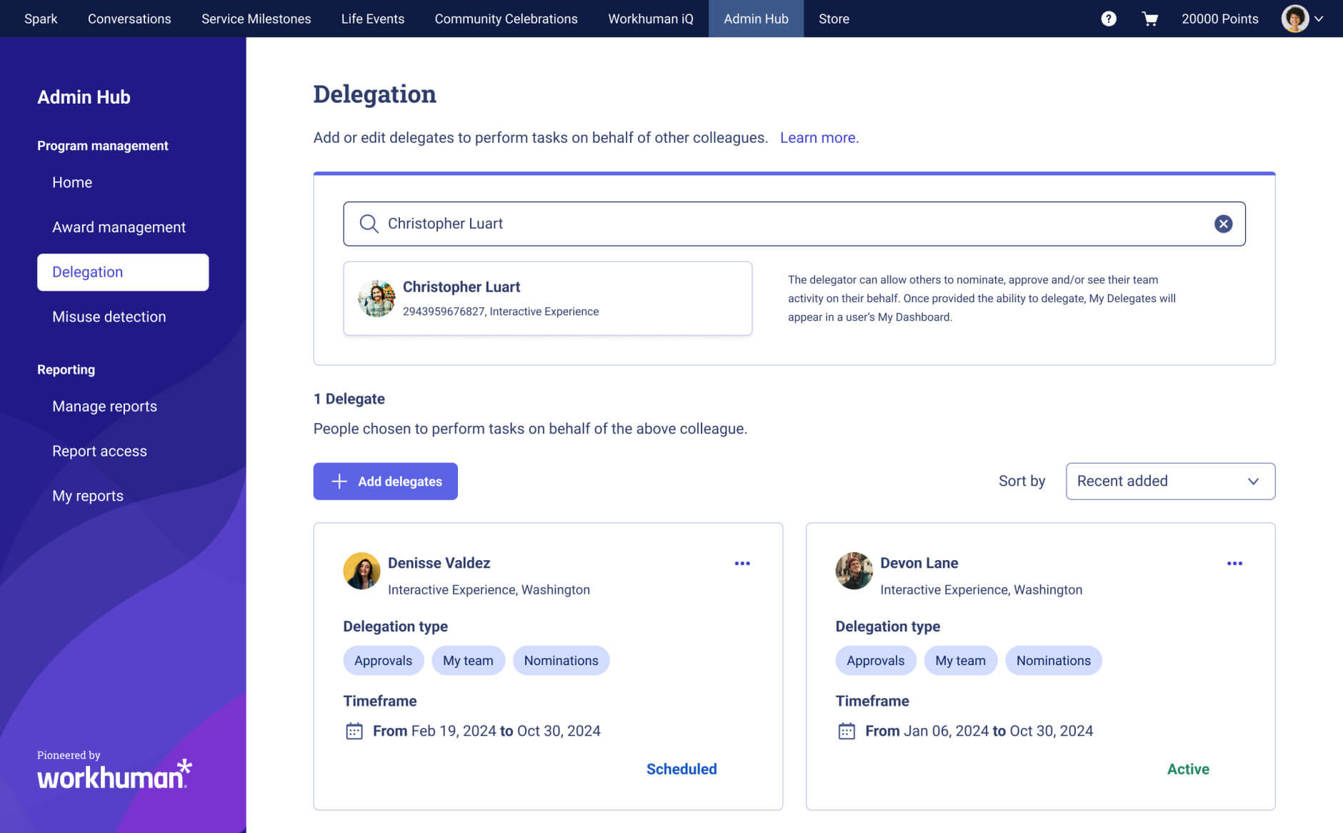 Admin Hub for the Workhuman Platform displaying program approver delegation functionality.