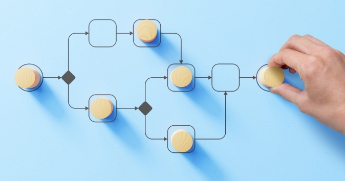 A hand is placing a yellow token onto an abstract flowchart diagram laid out against a light blue background. The flowchart consists of various shapes, including circles and diamonds, connected by arrows, indicating a sequential process. The overall design suggests a structured decision-making or workflow process.