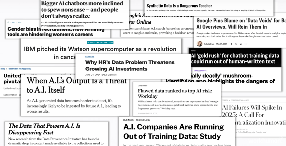 Selection of newspaper headlines from Eric's Workhuman Live 2025 presentation