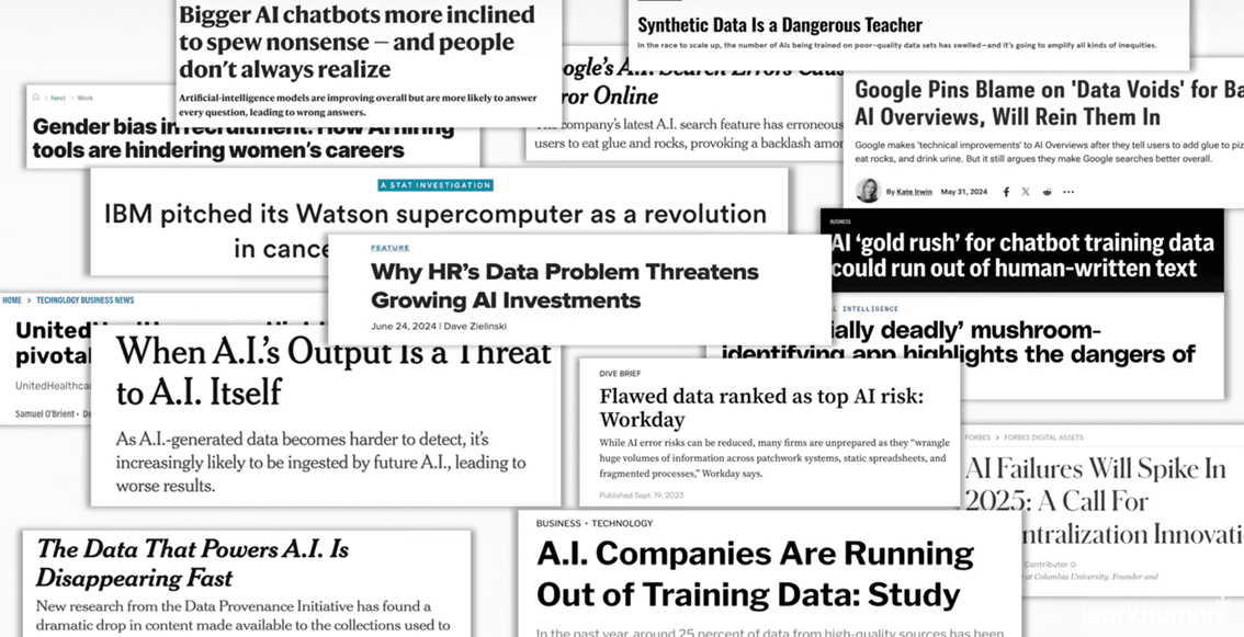 Selection of newspaper headlines from Eric's Workhuman Live 2025 presentation