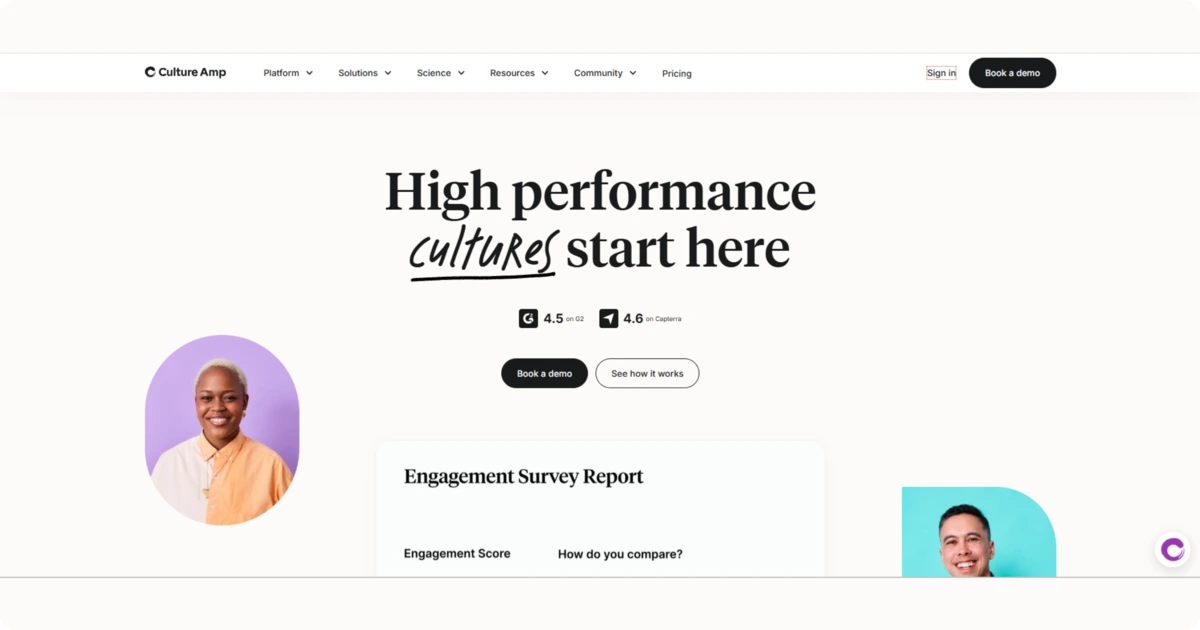 Homepage of Culture Amp, which helps keep employees engaged and provides performance data