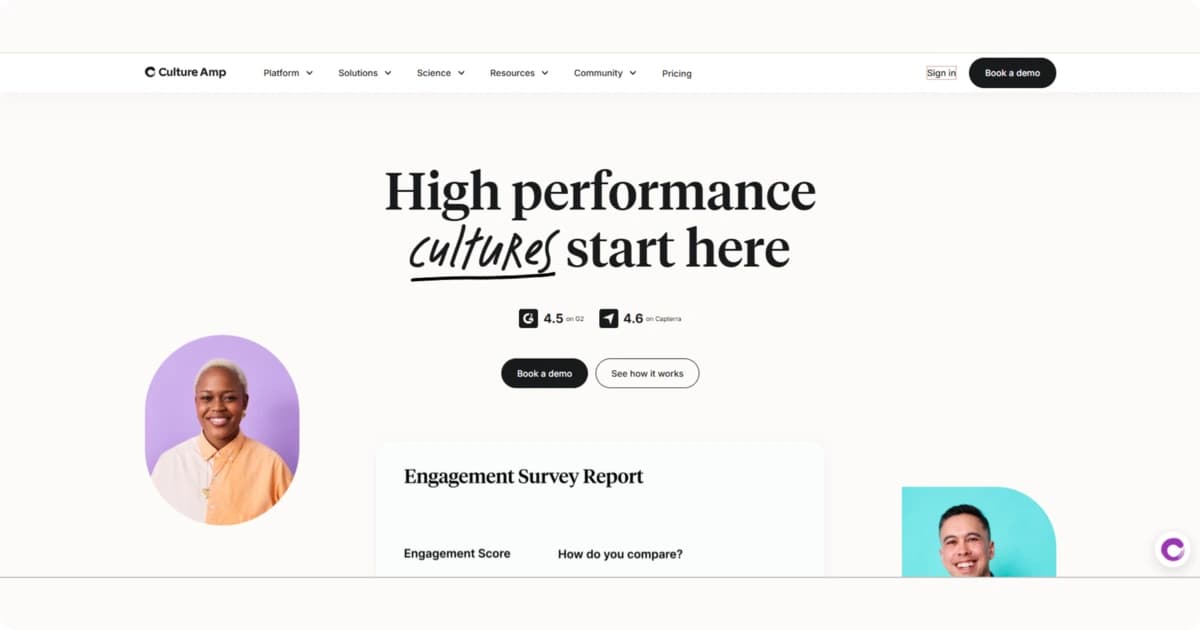Homepage of Culture Amp, which helps keep employees engaged and provides performance data