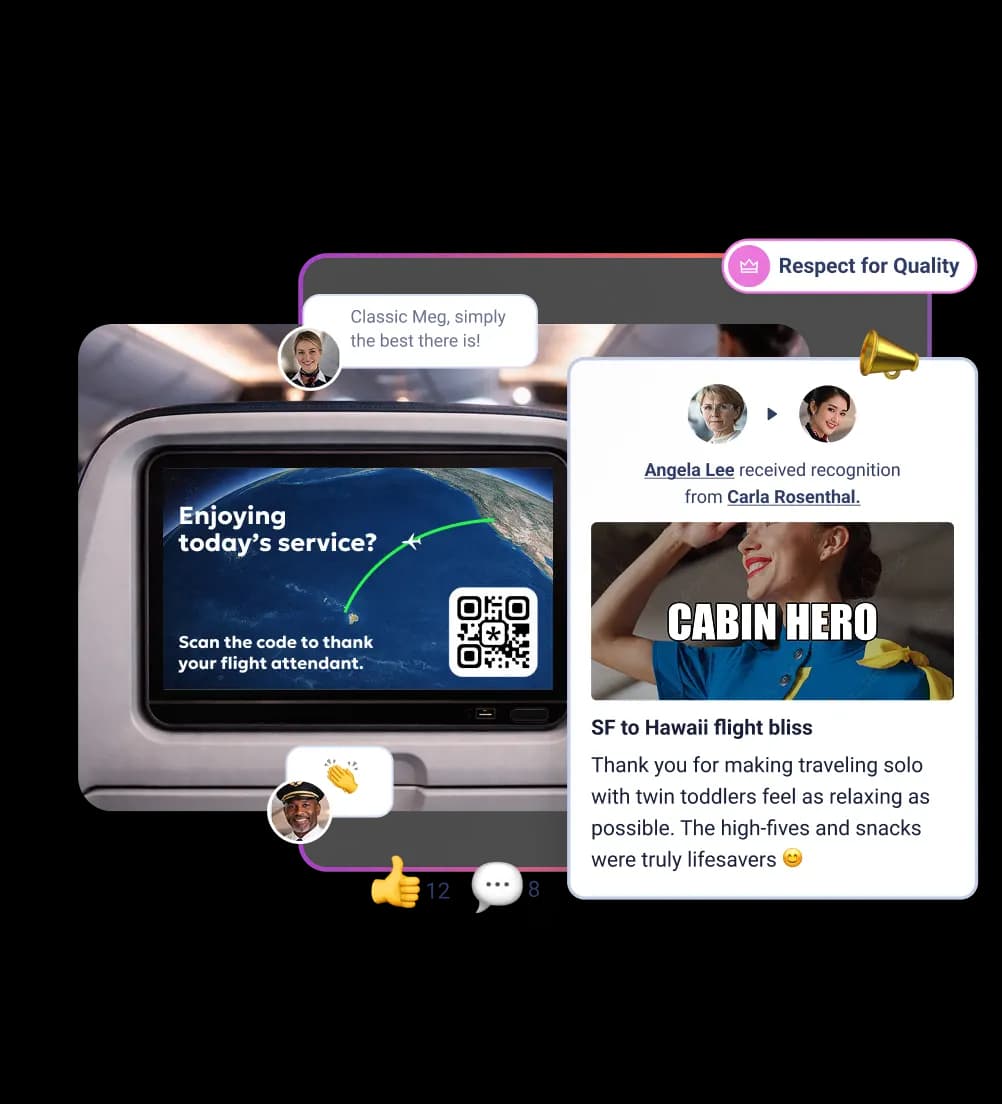 A recognition moment featuring an airline cabin scene, showcasing a displayed message on a screen that reads "Enjoying today's service? Scan the code to thank your flight attendant." Accompanying this is a recognition note highlighting Angela Lee, who received acknowledgment from Carla Rosenthal for her outstanding service. Additionally, a message expresses gratitude for making travel with twin toddlers easier, emphasizing the helpfulness of high-fives and snacks. Various icons and visual elements enhance the celebratory atmosphere of appreciation.