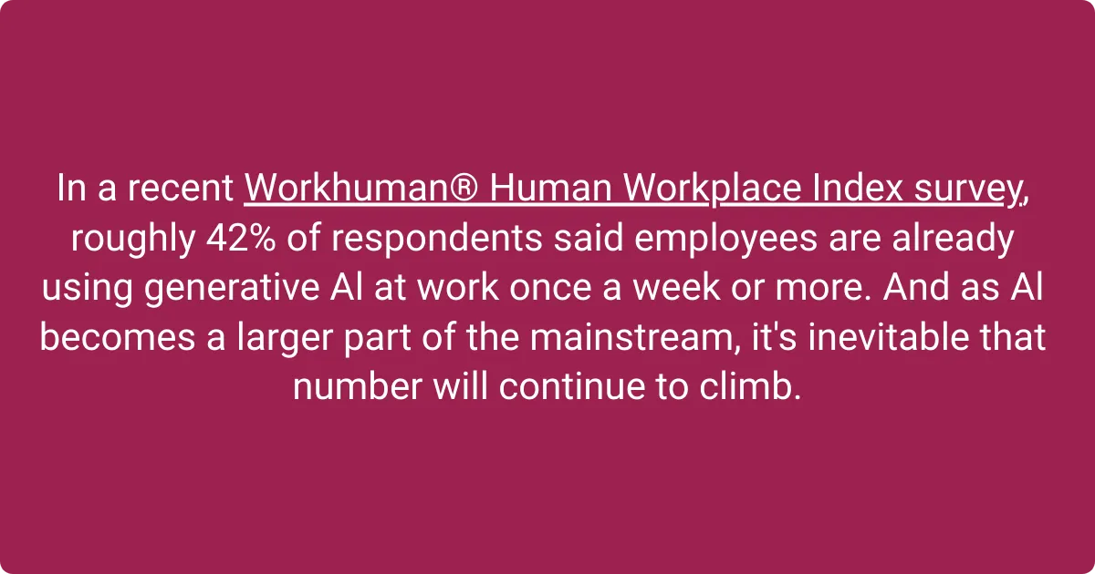 Workhuman survey shows 42- of employees use generative AI at least once a week, with usage expected to increase.