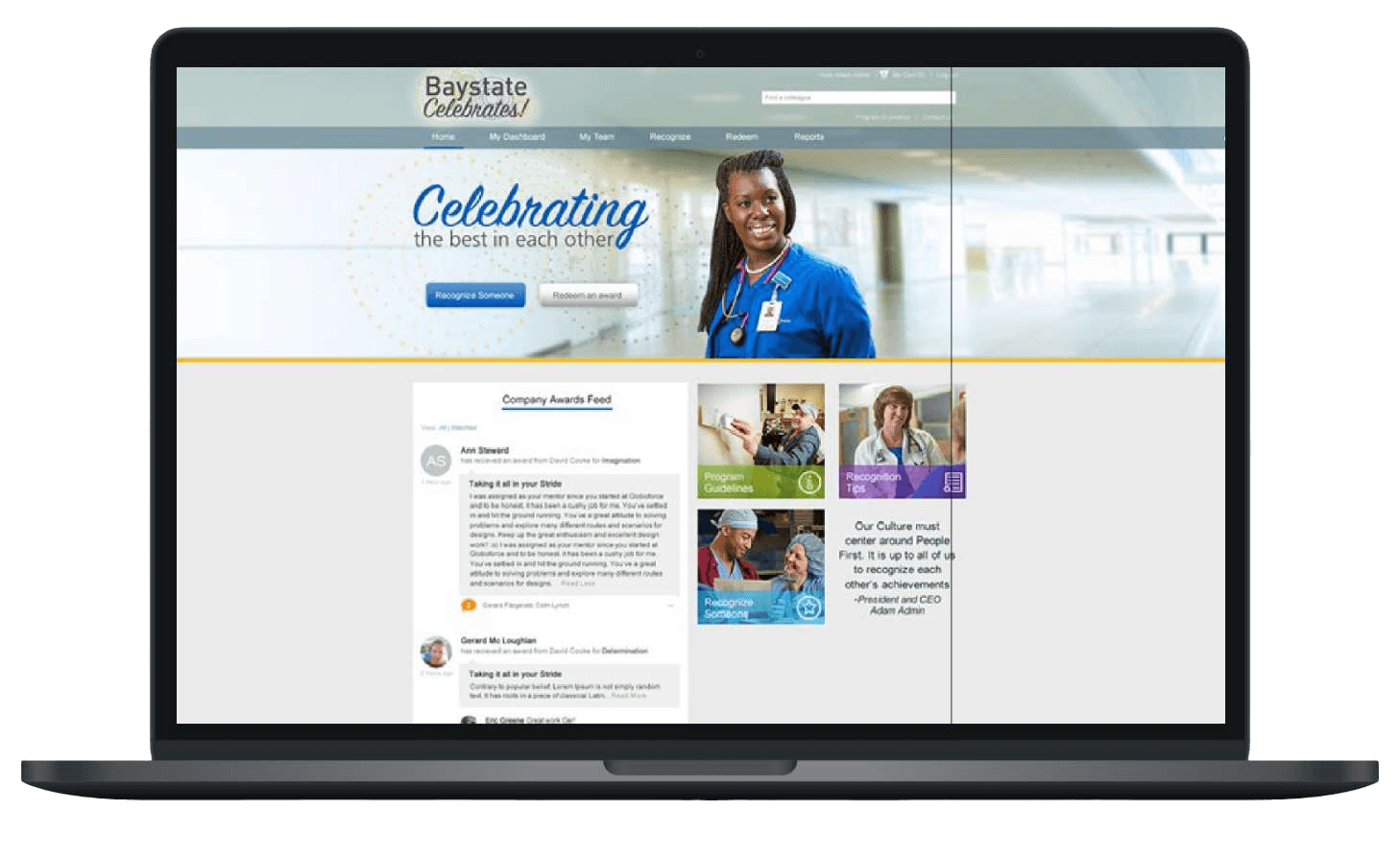 desktop view of employee recognition landing page for Baystate Celebrates